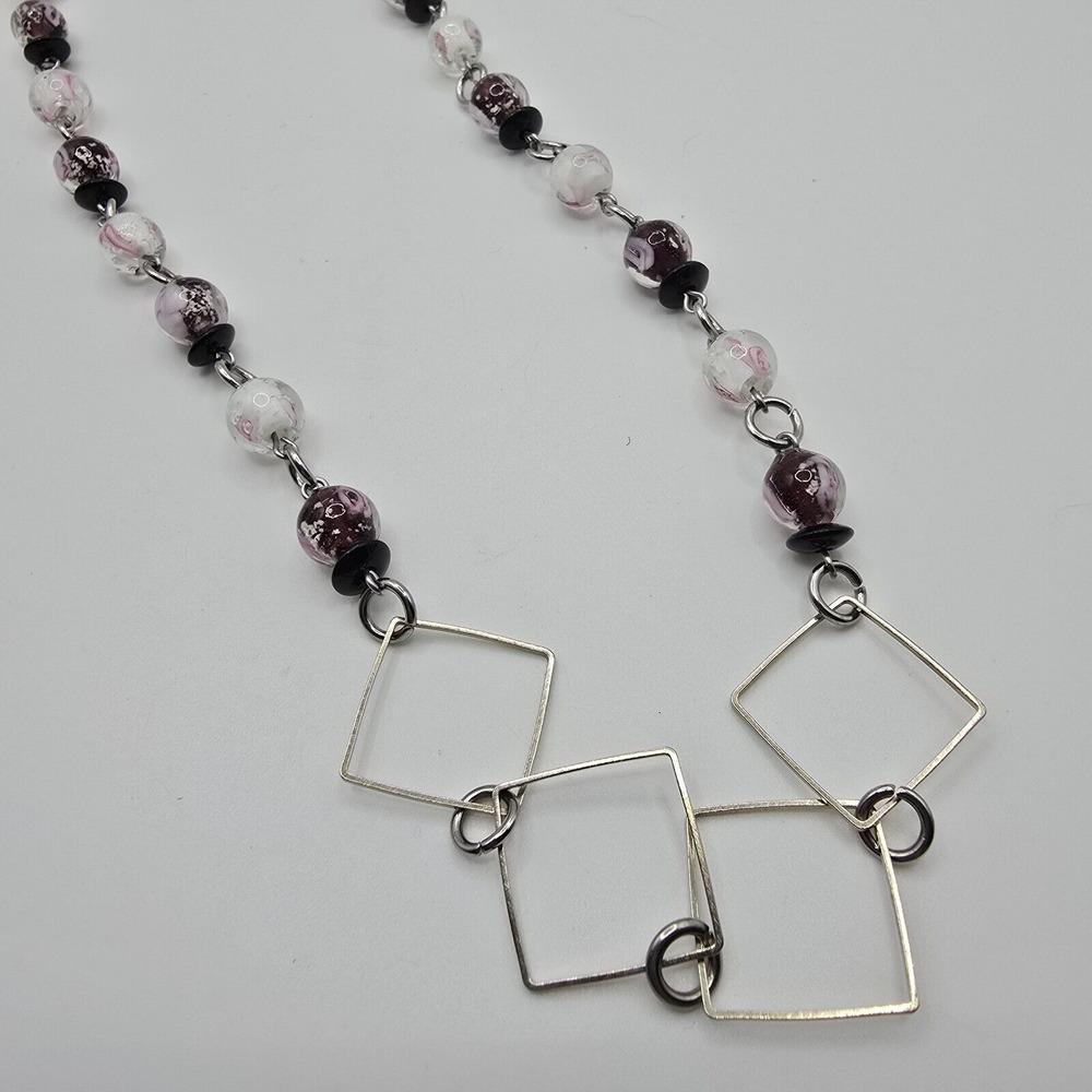 Geometric Square Bib Necklace Purple‎ White Glass Bead Silver Tone Boho Artsy